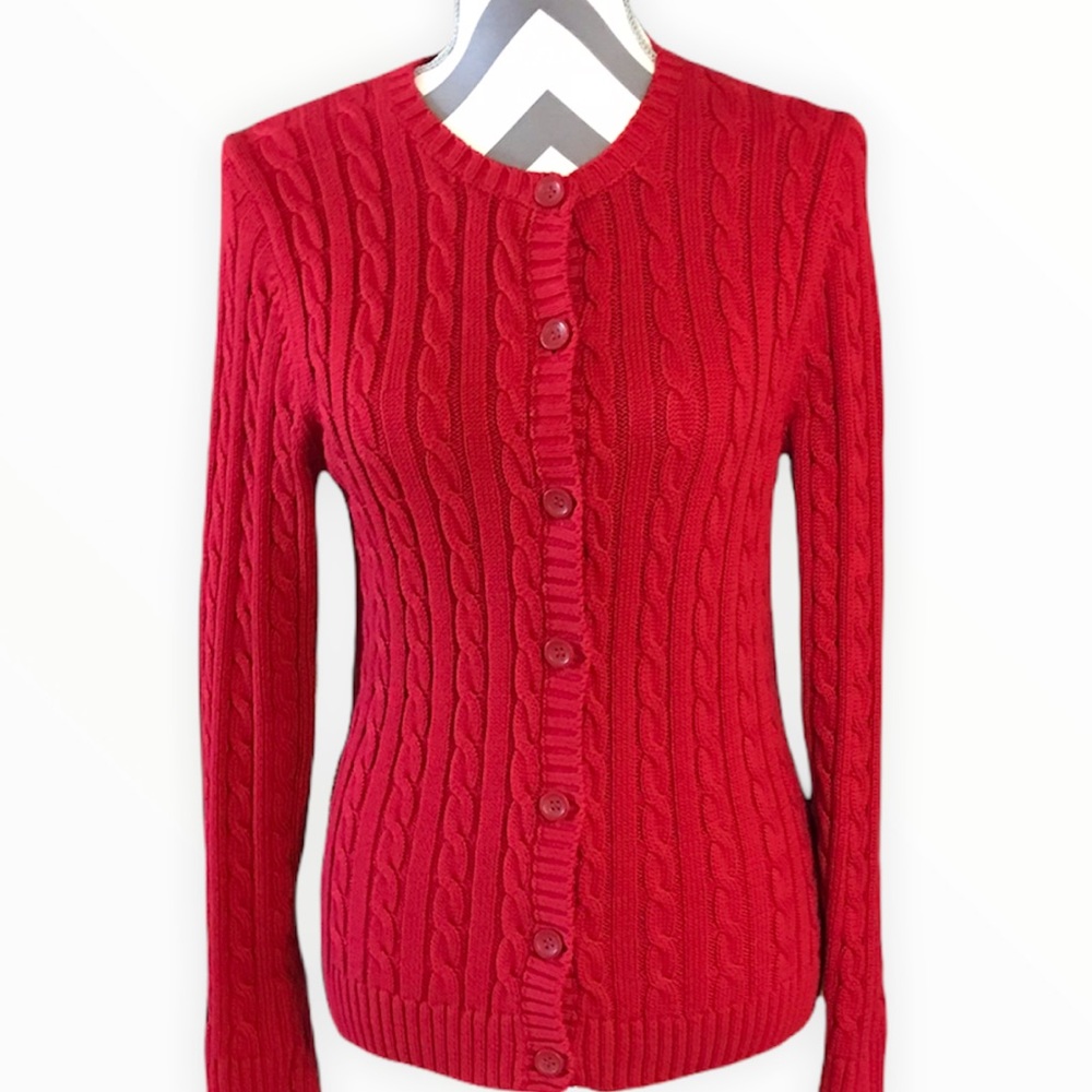 L.L. Bean SMALL Cable Knit Red Cardigan Sweater